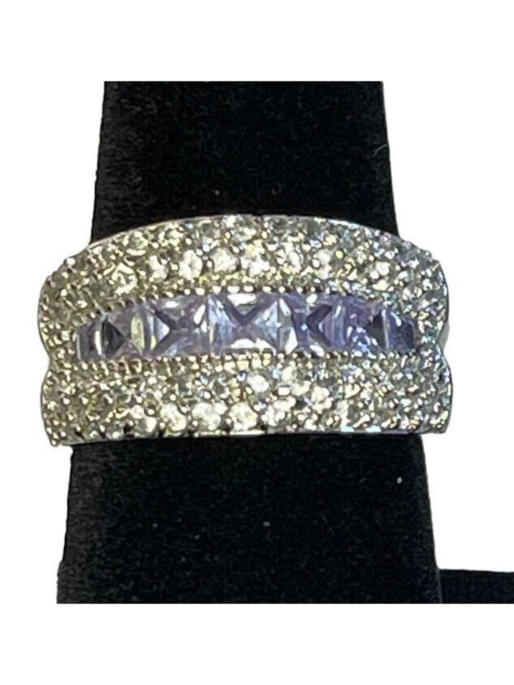 Lavender & Cubic Zirconia Rhodium-Plated Band Ring Size 7.5 VGUC Anniversary Jew